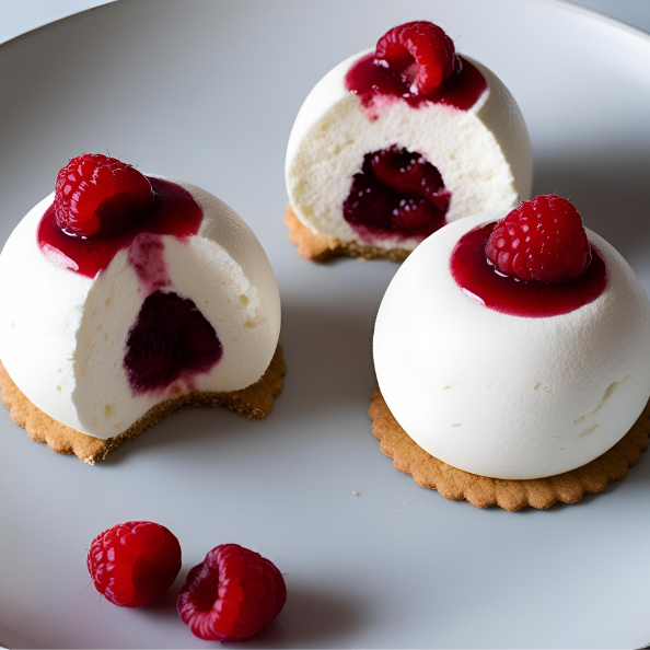 Dôme vanille et cœur framboise acidulée sur socle de sablé breton